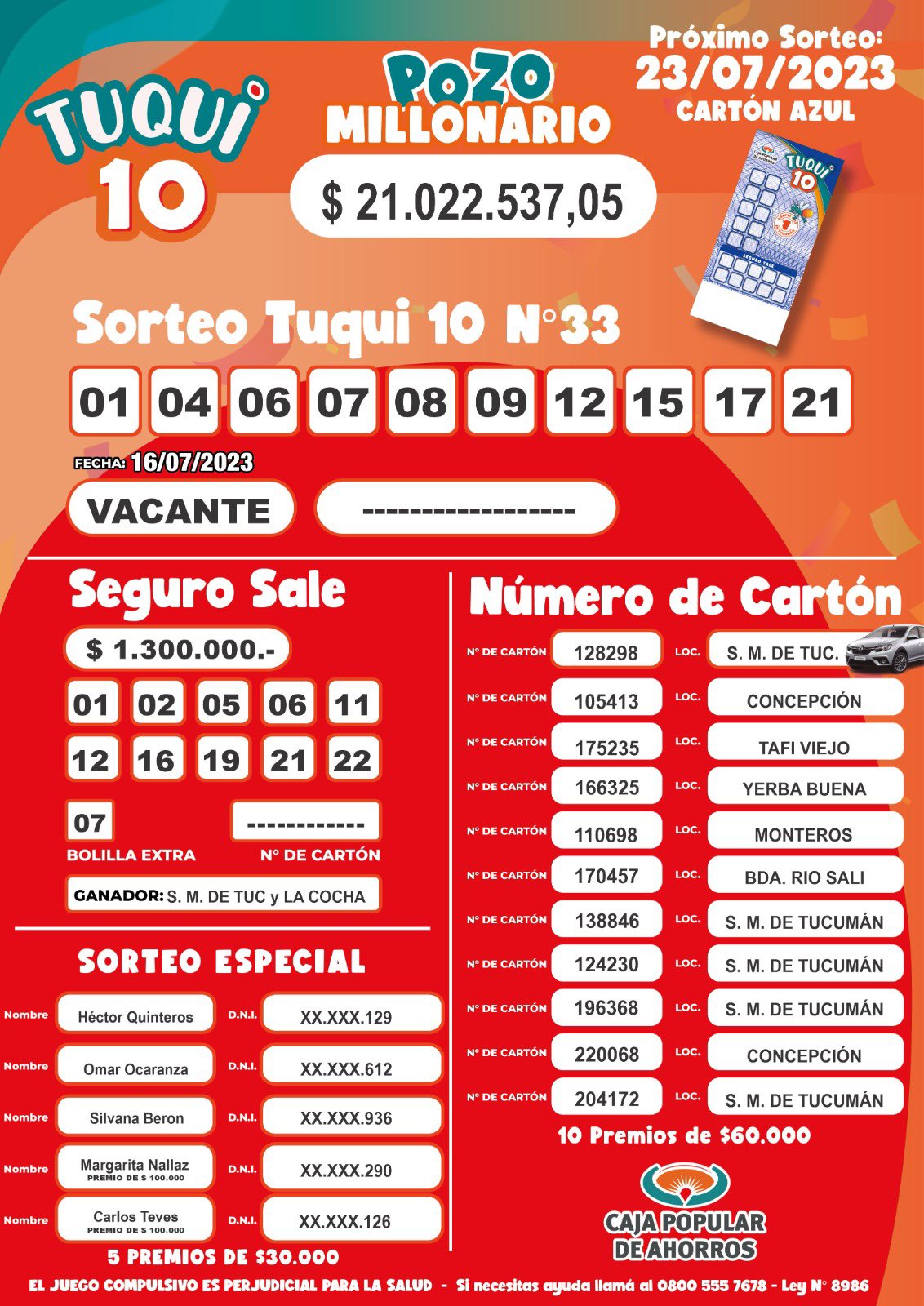 Resultados Del Sorteo Del Tuqui 10 Del Domingo 16 De Julio - Tucumán ...